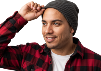 Smiling man wearing a beanie and flannel shirt poses for a casual portrait indoors