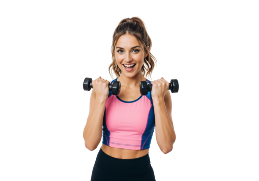 Cheerful woman holding dumbbells in workout attire during strength training session at home gym
