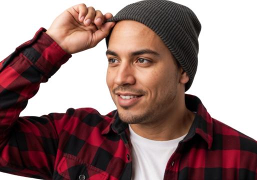 Smiling man wearing a beanie and flannel shirt poses for a casual portrait indoors