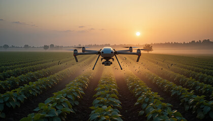A drone hovers above lush green fields at sunset, surveying the crops as golden light bathes the landscape and mist hovers between the rows
