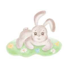 Cute little bunny lying on floral green lawn. Watercolor rabbit with flowers, illustration for Easter greetingcard. Hand-drawn isolated hare, smiling character for baby shower. Clip art funny animal.