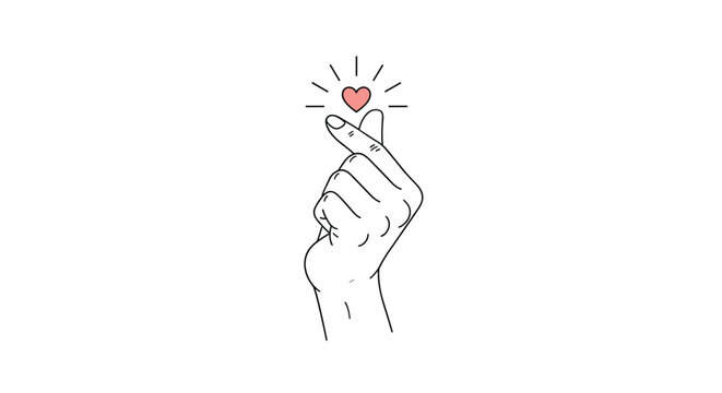 Hand making a finger heart gesture with a glowing red heart in a clean line art style, conveying love, friendship, and positive emotions.