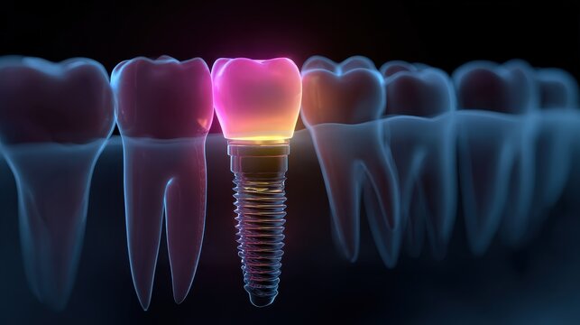 Vibrant Single Dental Implant in a Neon Tooth Row, Showcasing the Dental Prosthesis Installation with Abutment and Artificial Crown
