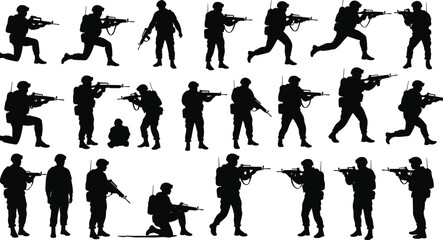 Silhouettes of armed soldiers, tactical poses, military action, combat stance, rifle handling, defense, warfare, training, black figures, white background