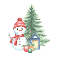 Snowman with lantern and Christmas tree watercolor illustration. Cute kids cheerful character for winter holiday design. Hand drawn isolated clipart for New Year children print, wrapping, postcard.