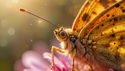 Obraz premium A butterfly with intricate patterns rests delicately on a colorful flower in a garden. The sunlight creates a warm glow, highlighting its wings and surrounding blooms