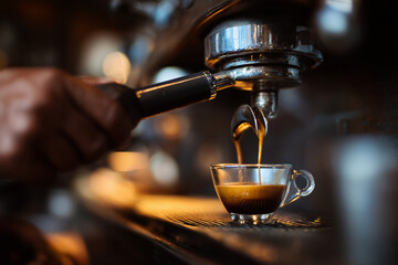 Barista pulling espresso shot into a glass cup, golden crema forming as coffee flows smoothly from the machine in warm light.