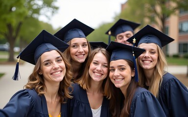 Diverse group of happy young students wearing graduation caps making selfie photo, cheerful friends, teenager boys and girls, teenagers making picture together, end of high school, friendship
