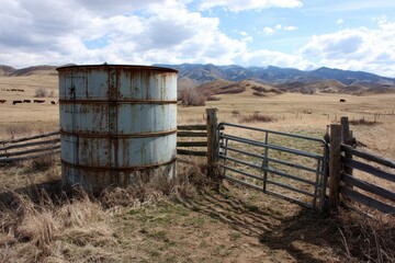 Obraz premium Cattle Water Tank Surrounded by Colorado Foothills: A Rustic Ranch Scene with Fenced Reservoir in the Prairie