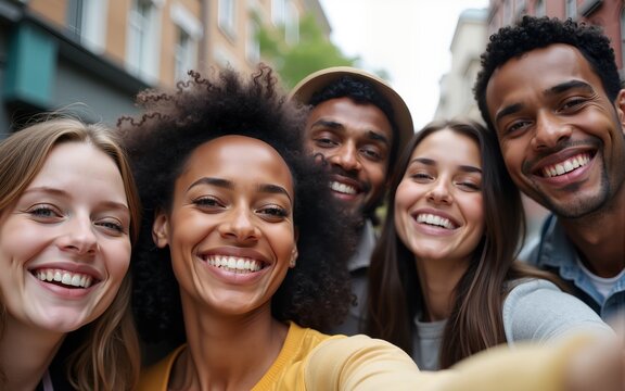 Happy young group of multiracial best friends having fun together outdoors. Millennial diverse people enjoying time together taking selfie portrait in city street. High quality