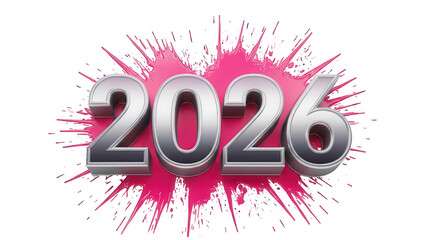 Metallic 2026 year design with vibrant pink splash background for new year celebrations and futuristic themed designs perfect for digital graphics on transparent background