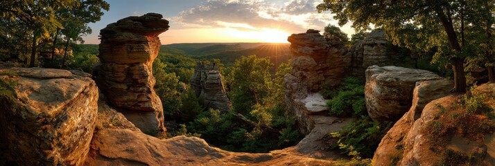 Summer Sunset Over Stunning Rock Formations in Garden of the Gods, Southern Illinois