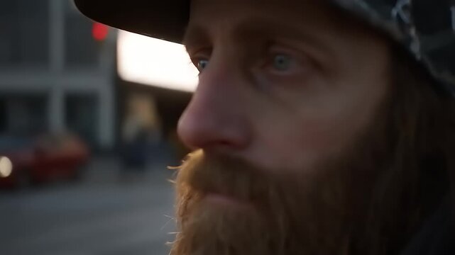 Contemplative urban dweller gazes ahead with soulful eyes and weathered features