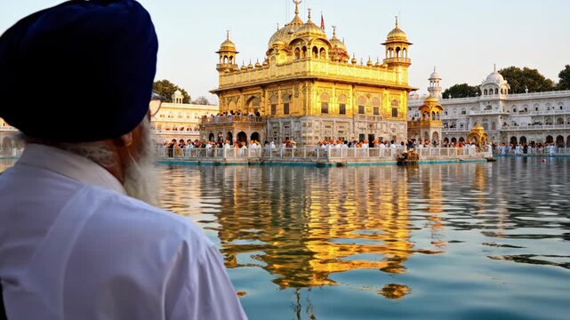 Devotee at Golden Temple Reflecting Peace and Sikhism during Guru Nanak Jayanti Celebration