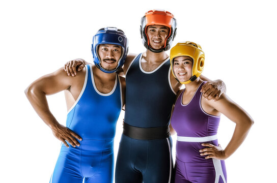 three Diverse Combat Sport Athletes Posing: Two Wrestlers and a Boxer