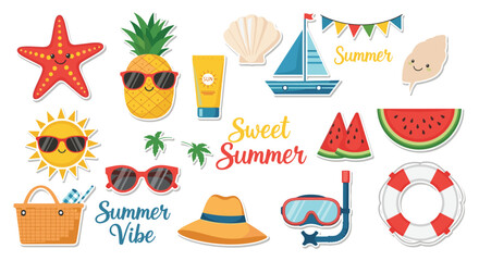 A vibrant collection of summer-themed cartoon stickers including beach items, fruits, and text, perfect for seasonal designs.