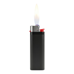 Black lighter with flame isolated on transparent background for smoking needs