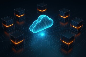 Cloud Computing Hub: A conceptual illustration showcases a digital cloud at the core of a data storage array, representing modern data storage and processing.