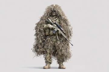 Covert Operative in Camouflaged Ghillie Suit Amidst Nature Background