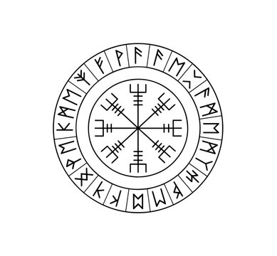 A black line illustration centers the eight-armed Vegv&iacute;sir, an Icelandic stave for guidance, within a complete, circular arrangement of the Elder Futhark runes