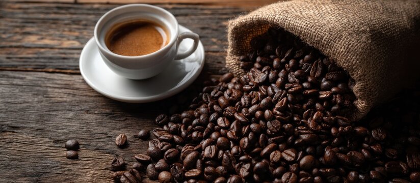 Aromatic Coffee Beans Spill from Burlap Sack Beside Espresso Cup.