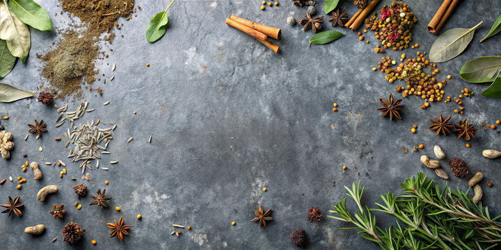 A beautiful display of various spices and herbs is artfully spread across a dark stone surface. Each ingredient adds texture and color for culinary inspiration and creativity