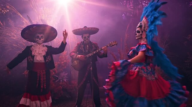 Vibrant D&iacute;a de los Muertos Celebration: Mariachi Skeletons and Dancing Catrina in a Mystical, Luminous Setting
