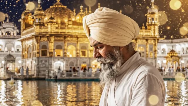 Serene Sikh Man Praying at Golden Temple During Guru Nanak Jayanti Celebration