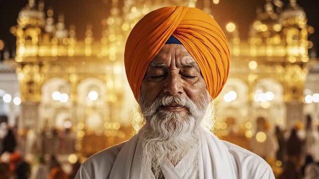 Serene Sikh Man Praying at the Golden Temple During Guru Nanak Jayanti Celebration, Seeking Spiritual Connection