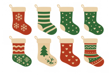 Christmas stockings with various patterns, including snowflakes, stripes, trees, and hearts. Transparent background