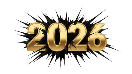 Golden 2026 new year design with abstract black burst background for festive celebrations and future year greetings perfect for banners and invitations on transparent background