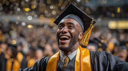 Joyful graduate celebrating achievement with ecstatic laughter amidst a shower of confetti, marking a momentous milestone