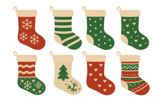 Christmas stockings with various patterns, including snowflakes, stripes, trees, and hearts. Transparent background
