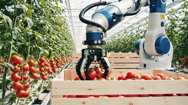 Robot arm picking tomatoes in a greenhouse, placing them in wooden crates. Rows of plants visible