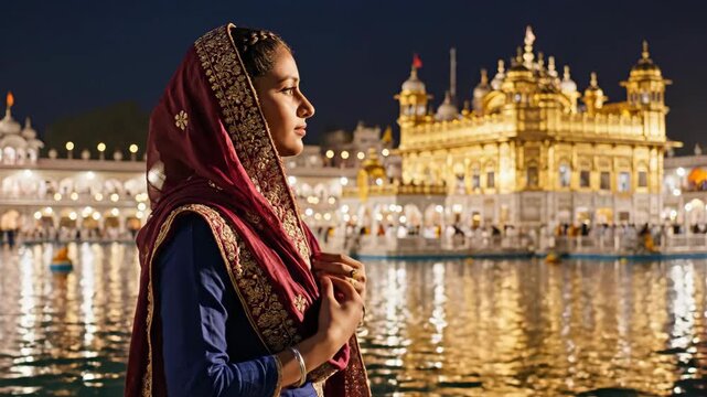 Serene Sikh Woman Praying at Golden Temple During Guru Nanak Jayanti Celebration at Night