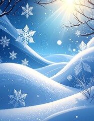 Serene winter landscape, sunlit snowdrifts, falling snowflakes