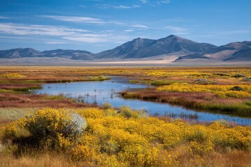 Stunning Landscape of Ruby Lake National Wildlife Refuge in Northern Nevada: Wildflowers and Majestic Mountains Under a Blue Sky