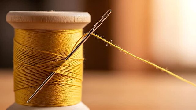 Close up of a wooden spool with yellow thread and a needle