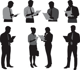 Business professionals silhouettes, office teamwork, corporate meeting, document review, workplace communication, collaboration, reading papers, digital devices, flat vector