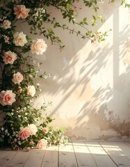 Sunlit room with climbing roses and textured wall