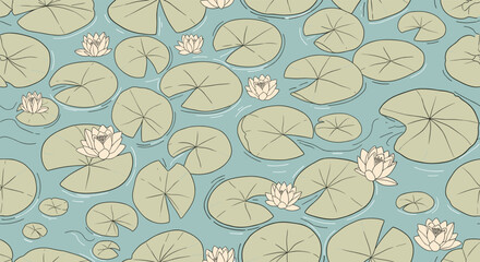 Hand-drawn seamless pattern featuring various sized green lily pads and delicate pink water lilies on a tranquil blue water surface.