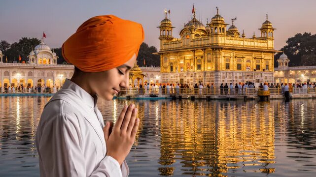 Sikh Devotee Praying at Golden Temple during Guru Nanak Jayanti Celebration in Amritsar, India
