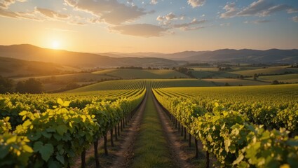 Fototapeta premium Picturesque Vineyard Landscape at Sunset With Lush Green Vines and Scenic Rolling Hills