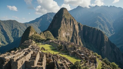 Historic Machu Picchu Ancient Ruins Amidst Majestic Andes Mountains Under Dramatic Sky