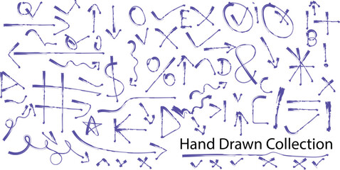 Expressive hand drawn doodle elements in violet for creative projects, providing a modern and unique touch to designs and presentations, perfect for adding a playful vibe