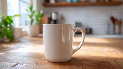 Fototapeta premium Warm sunlight illuminates a simple white mug on a rustic wooden table in a cozy kitchen.