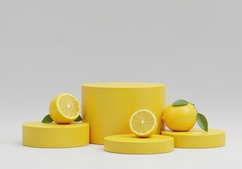 Bright yellow lemons and podiums arrangement for product display citrus fruit backdrop idea