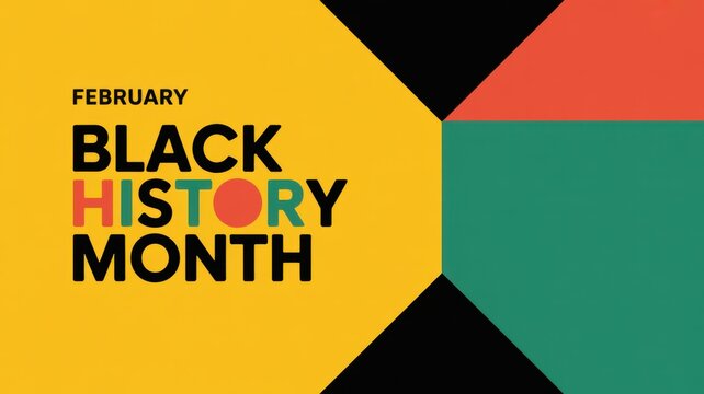 A graphic design for black history month with geometric shapes and bold text on a yellow background