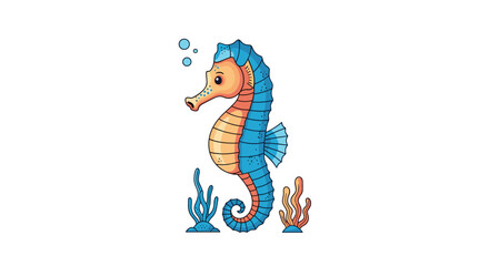 A vibrant cartoon illustration of a cute seahorse in orange and blue, with bubbles and simple underwater plants, against a white background.