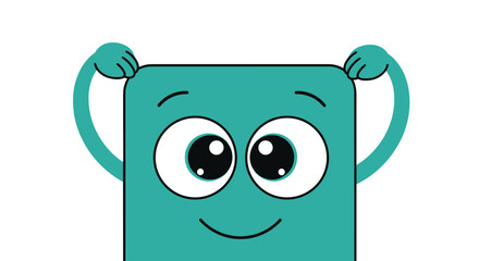 A cheerful, smiling teal cartoon character with large, expressive eyes playfully peeks out, holding the top of its head with both hands.